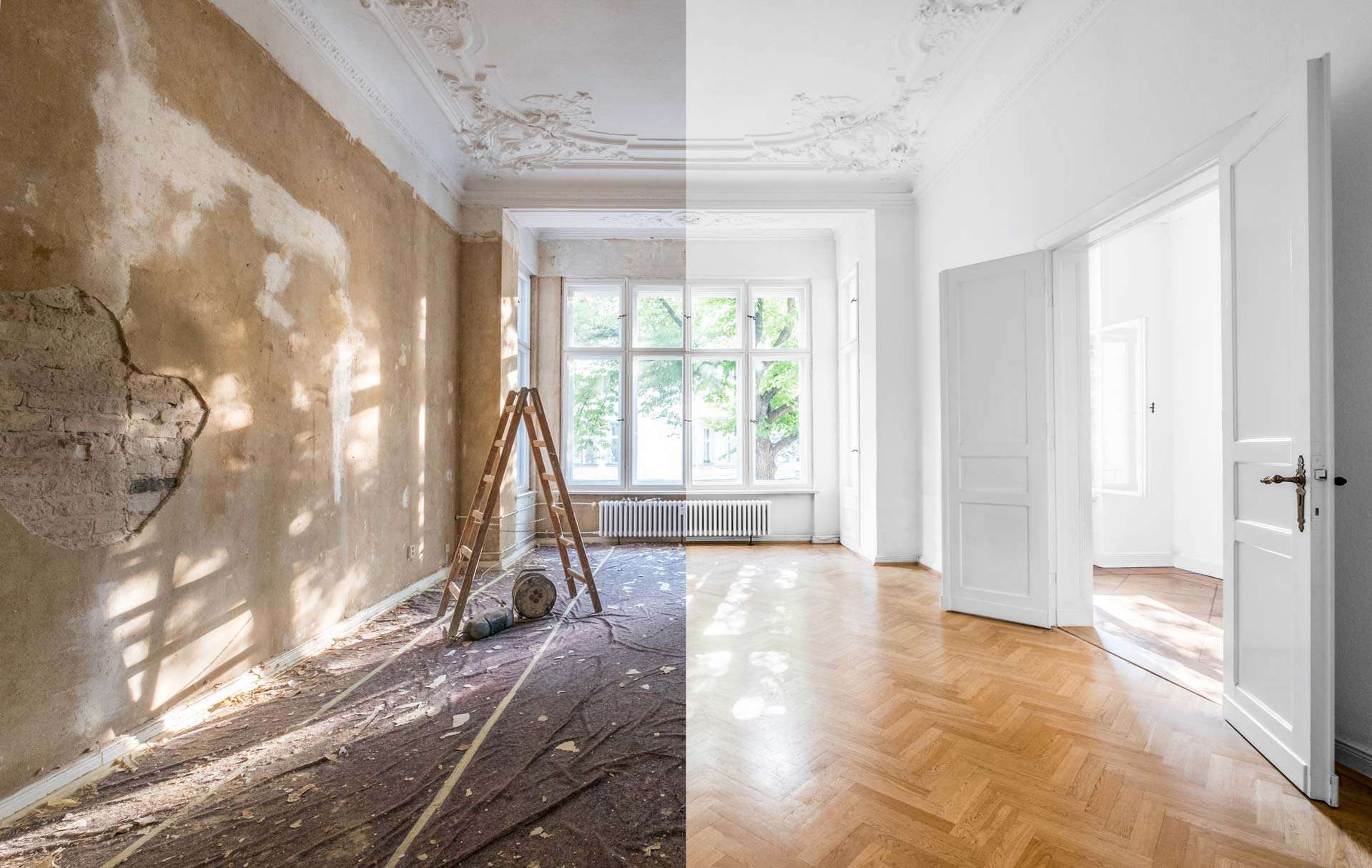 Vorher- und Nachher-Foto eines Wohnraums